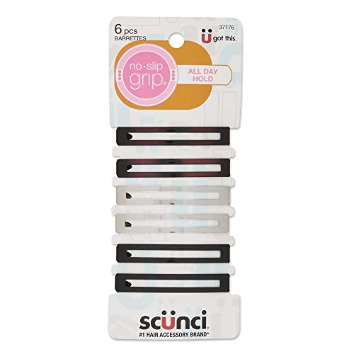 Scunci by Conair No-Slip Grip Open Center Stay Tight Barrettes, Hair Clips in Assorted Neutral Metallic Colors, Packaging May Vary, 6 Pack