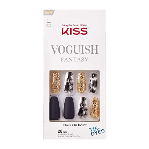 KISS Voguish Fantasy Ready-to-Wear Press-On / Glue-On Gel Nails, Style “New York”, Long Length Gel Nail Kit with 24 Adhesive Tabs, Gel Nail Glue, Manicure Stick, Mini File, and 28 Fake Nails