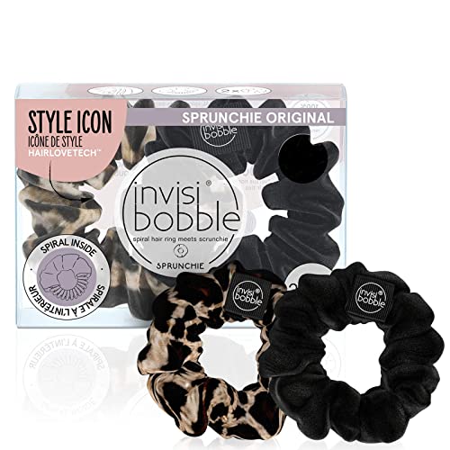 invisibobble Sprunchie Spiral Hair Ring - True Black and Purrfection- 2 Pack- Scrunchie Stylish Bracelet, Strong Elastic Grip Coil Accessories for Women - Gentle for Girls Teens and Thick Hair