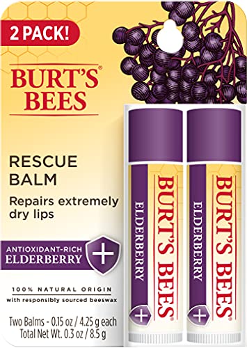 Burt's Bees 100% Natural Origin Rescue Lip Balm with Beeswax and Antioxidant-Rich Elderberry, 2 Tube in Blister Box, Package May Vary, Purple, 0.15 Oz