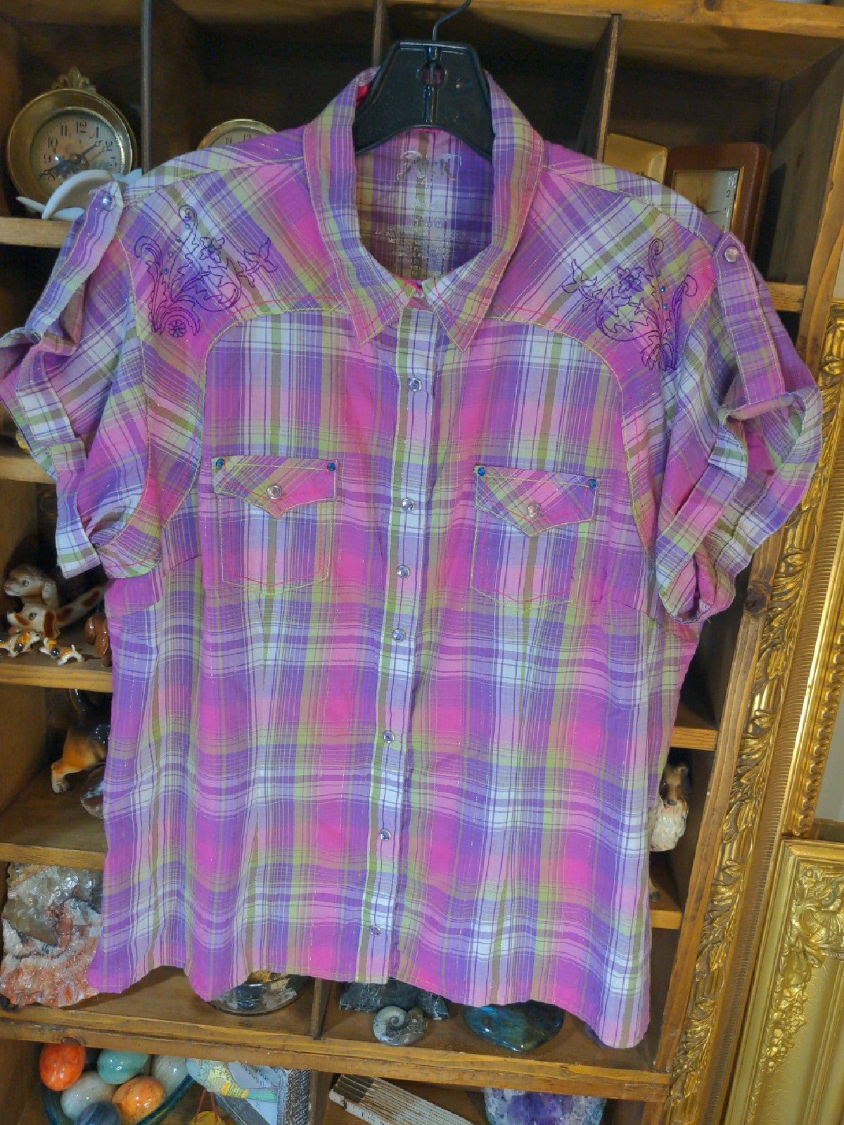 XL Wrangler Womens Shirt Top Rock 47 pink purple plaid rhinestones Regular  Used