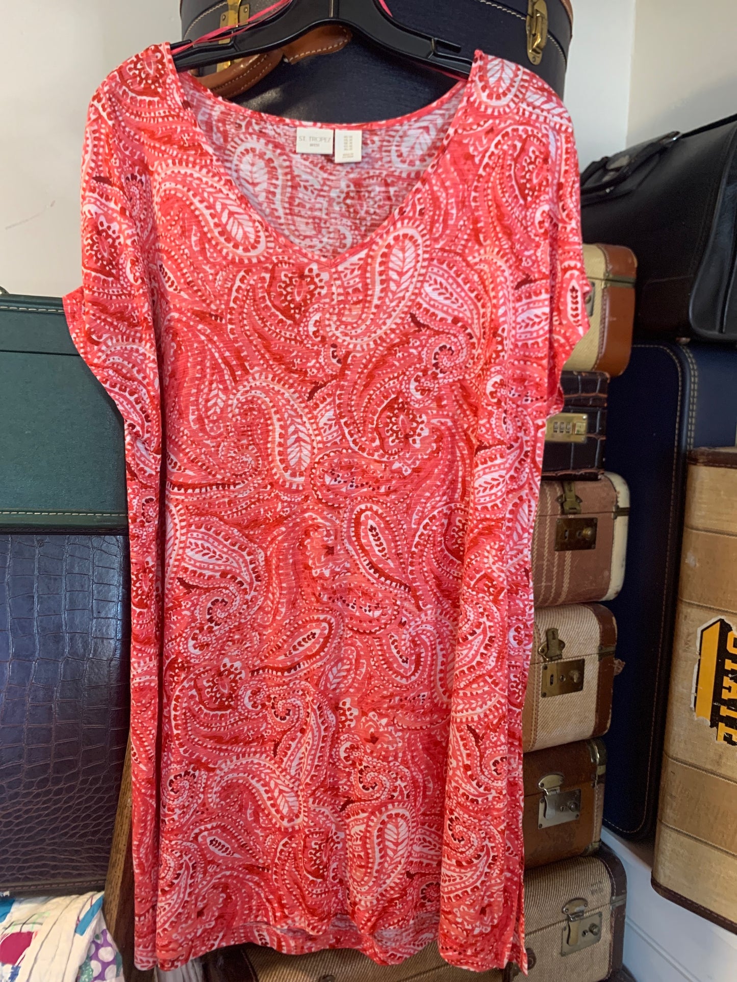 1X St Tropez West Womens Shirt Top Red Pink Paisley Short Sleeve Stretch Rayon Plus  VGC
