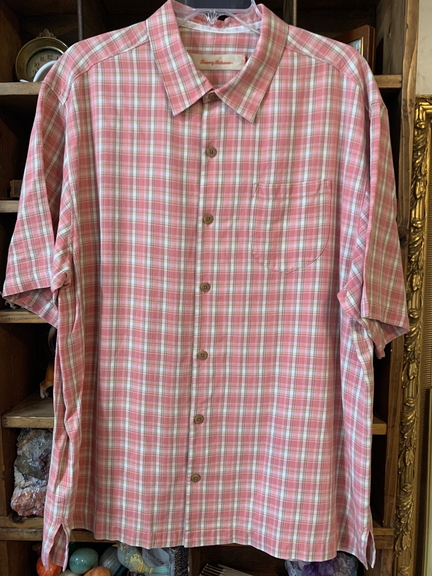 XL Tommy Bahama Mens Shirt Top Melon Plaid Short Sleeve 100% Silk Woven Regular  VGC