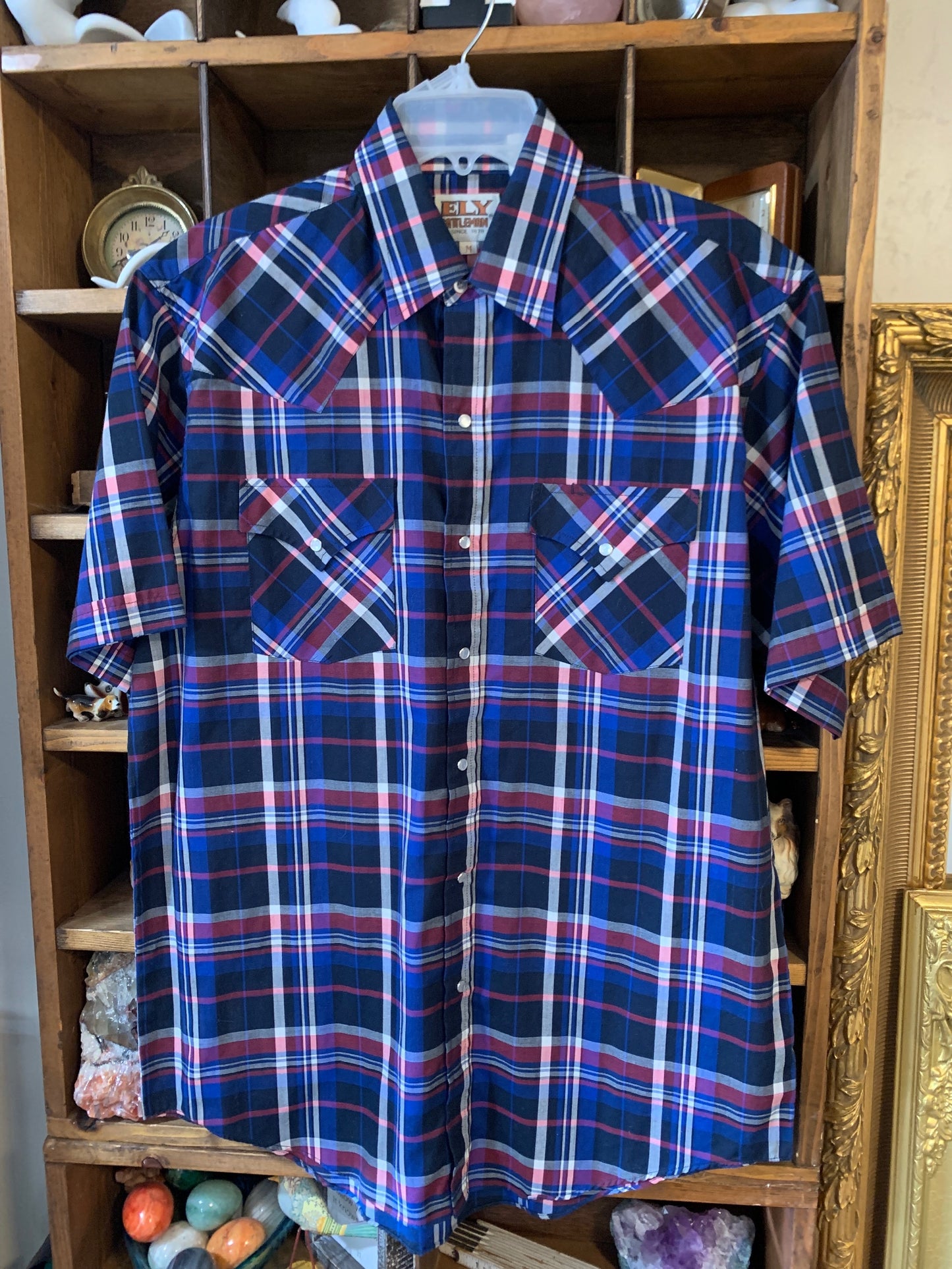 M Ely Cattleman Mens Shirt Top  Regular  Used Blue Plaid