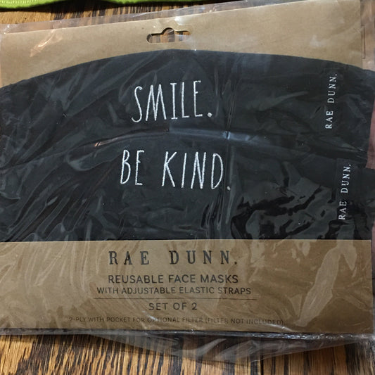 Rae Dunn Cloth Reusable Face Masks Set Of 2 Smile & Be Kind Mask